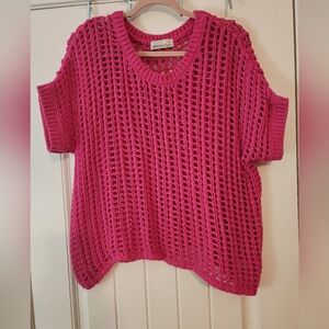 Zenana Barbie Hot Pink Open-Knit Crochet S/S Cotton Sweater Size L/XL Oversized
